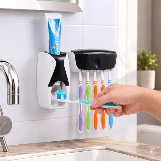 Toothpaste Dispenser & 5 Brush Holder with cover