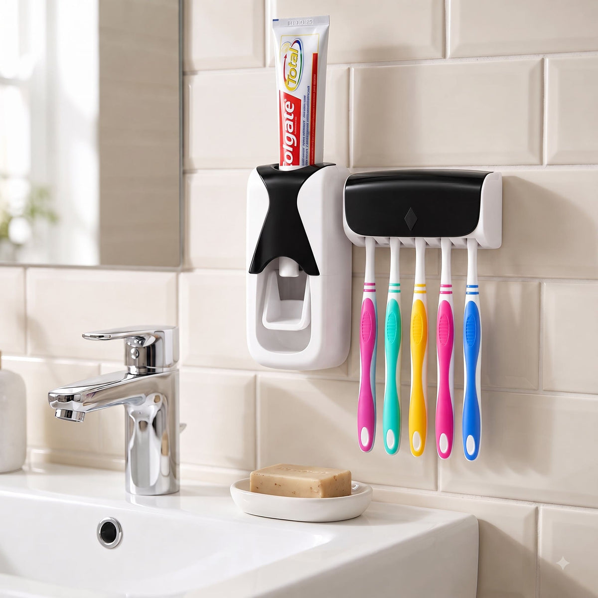 Toothpaste Dispenser & 5 Brush Holder with cover